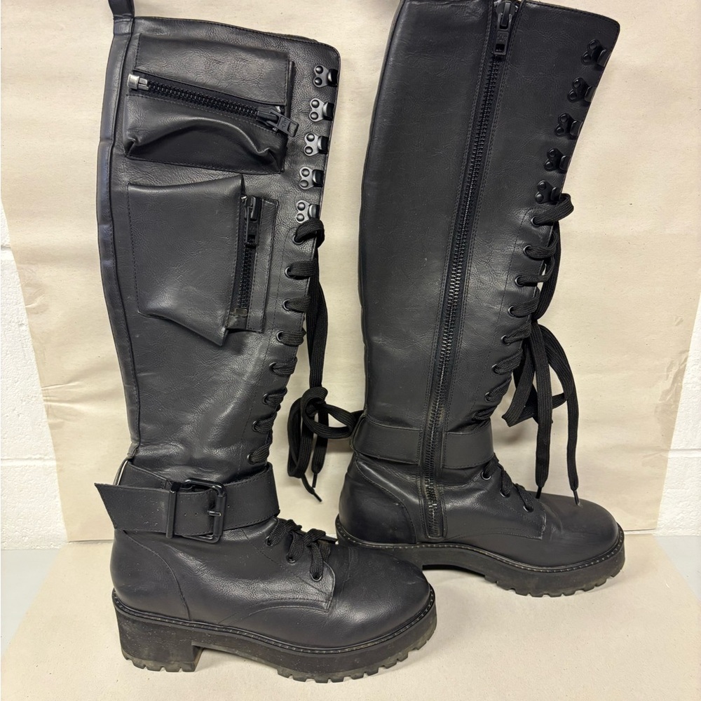 Dolls Kill Black Combat Lace-Up Knee-High Boots